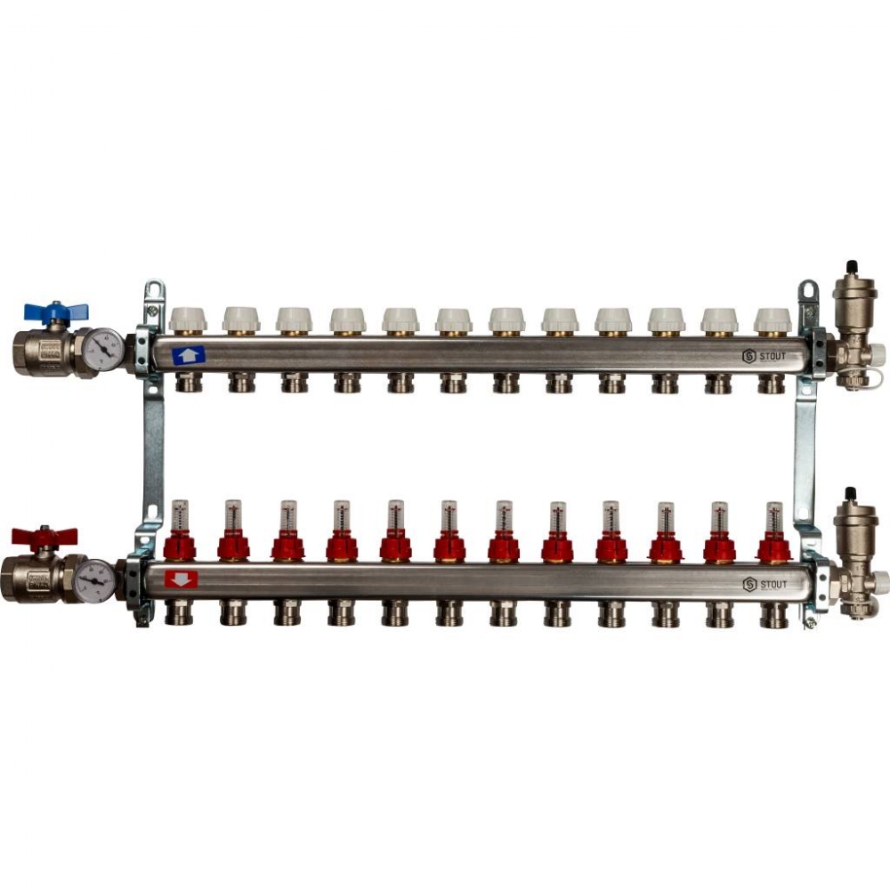 Коллектор из нержавеющей стали для систем напольного отопления с расходомерами на 12 выход STOUT /1/